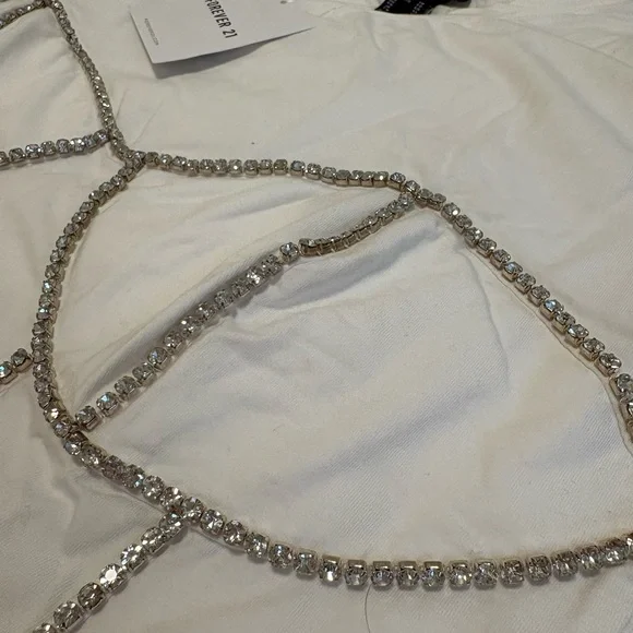 NWT Forever 21 White T-Shirt with Rhinestone Bustier Detail (Size XL) - Picture 3 of 5